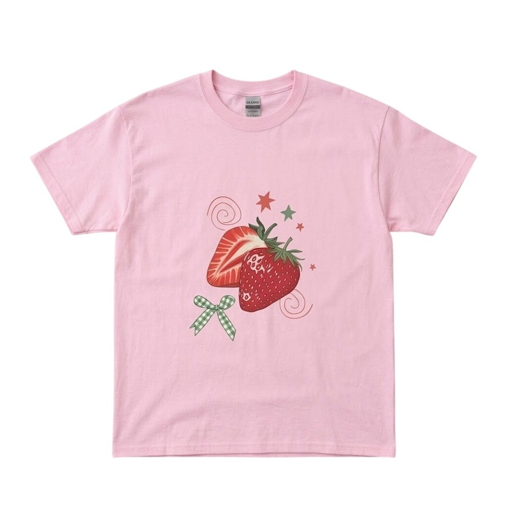 Pink Strawberry Graphic T-Shirt Cotton Short Sleeve Crewneck Cottagecore Tee